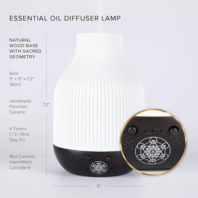 Essential Oil Diffuser Lamp, White Ceramic + Black Wood, Ultrasonic 180ml Whispersoft, 4 Timers | 5 Light Settings, Auto Shut Off, Home + Office, Humidifier Air Purifier Aromatherapy