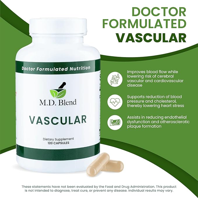 M.D. Vascular - Expert Formulated Supplement - Vascular & Overall Wellness Goals - Proper Flow, Numbers, Balance - Powerful Garlic, Ginger, L-Arginine, Pomegranate - 120 Capsules (Pack of 1)
