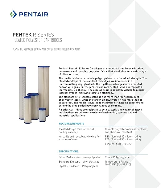 Pentair Pentek R30-20BB Big Blue Sediment Water Filter, Whole House Pleated Polyester Filter Cartridge, 20" x 4.5", 30 Micron, Pack of 2