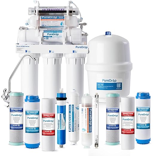 RTW5AK-UV Reverse Osmosis Water Filter System with Alkaline Remineralization & UV Filter, 7-Stage RO Water Filter System, Under Sink Water Filtration System Plus Extra 3 Filters, 50 GPD