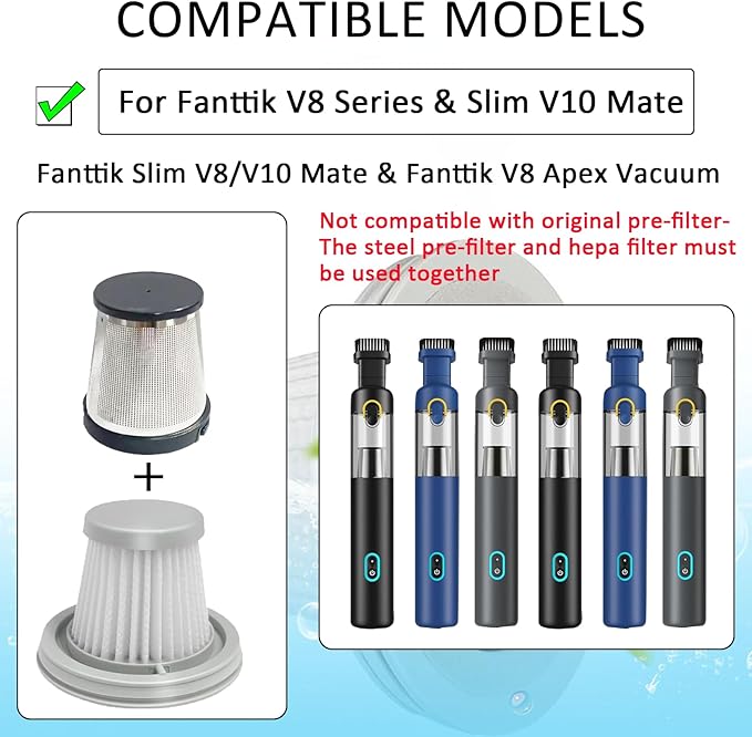 6 pack Washable Hepa with 2 pack Stainless Steel Pre-filter,Hepa Filter Replacement Compatible with Fanttik V8 Series (Fanttik Slim V8 Mate Vacuum & Fanttik V8 Apex Vacuum)