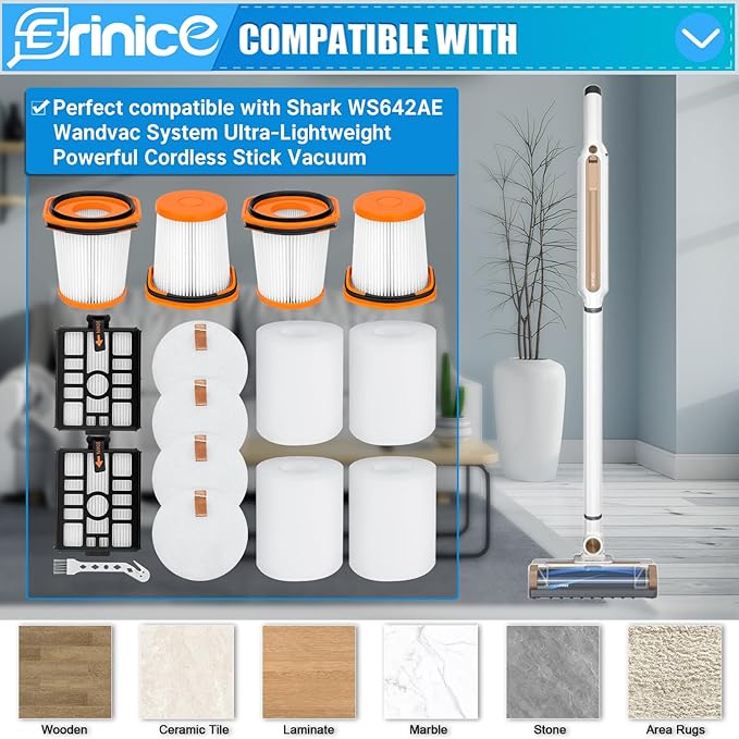 WS642AE Filter for Shark Wandvac Self-Empty Cordless Stick Vacuum WS642AE Replacement Part, 4 HEPA Filter + 4 Foam & Felt Filter + 2 Base Post-Motor Filter + 1 Cleaning Brush