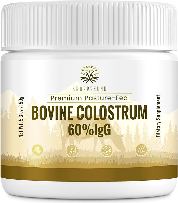 Kroppssund Bovine Colostrum Powder Supplement 3000 mg - Extra High 60% IgG Bovine Colostrum - Gut, Bone, Exercise, Immune - 50 Servings (1 Bottle)