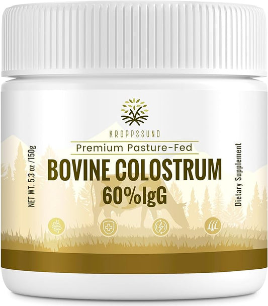 Kroppssund Bovine Colostrum Powder Supplement 3000 mg - Extra High 60% IgG Bovine Colostrum - Gut, Bone, Exercise, Immune - 50 Servings (1 Bottle)