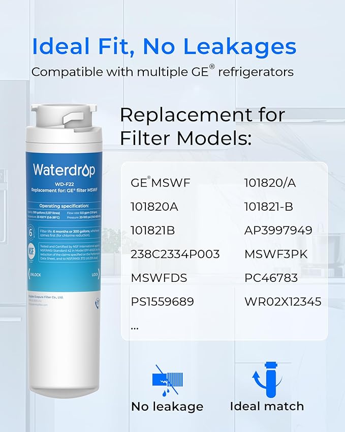 Waterdrop MSWF Refrigerator Water Filter, Replacement for GE® MSWF, 101820A, 101821B, RWF1500A, NSF 42&372 Certified, Pack of 3