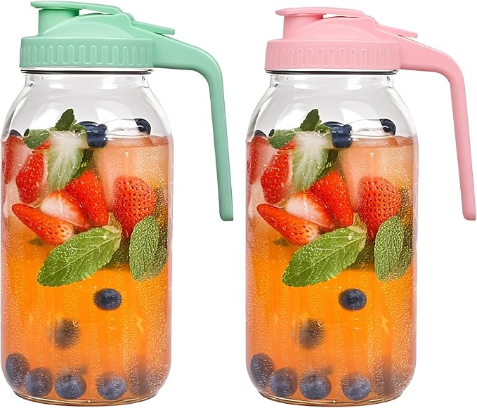 2 Pack 64oz Glass Mason Jar Pitchers with Airtight Lids & Handles – Wide Mouth, Leak-Proof Jars for Sun Tea, Cold Brew, Lemonade, Iced Coffee, and More