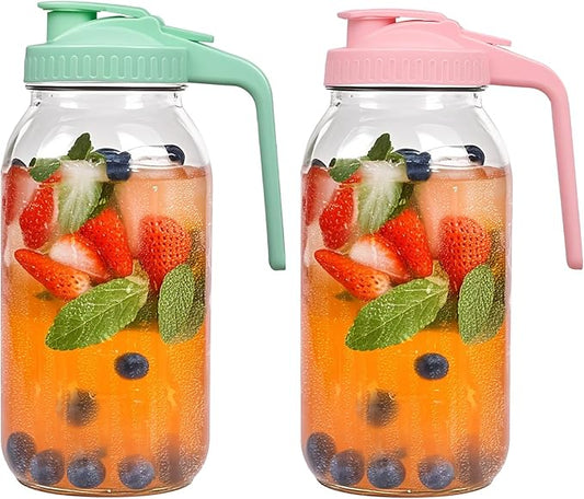 2 Pack 64oz Glass Mason Jar Pitchers with Airtight Lids & Handles – Wide Mouth, Leak-Proof Jars for Sun Tea, Cold Brew, Lemonade, Iced Coffee, and More