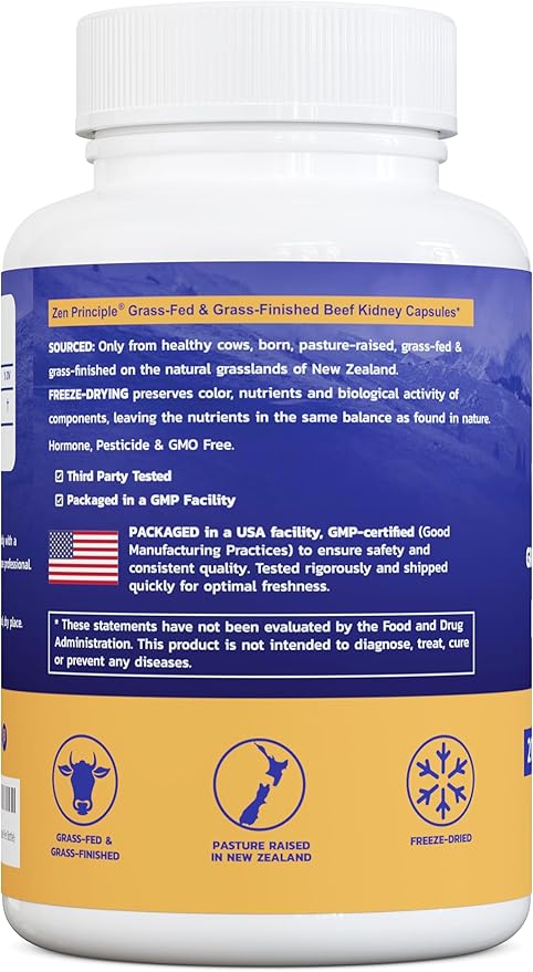 Zen Principle Grass Fed Beef Kidney Supplement, 210 Capsules, 3000 mg. DAO Enzyme for Histamine Health. Selenium and B12 for Thyroid Support.