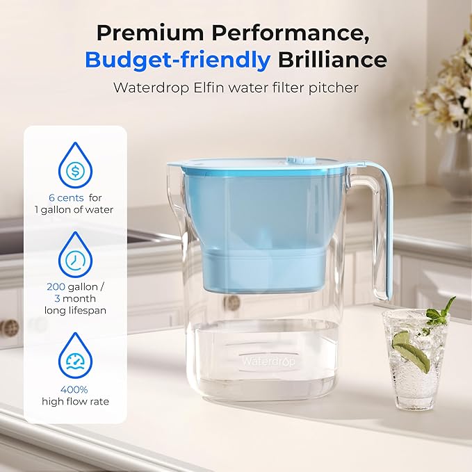 Waterdrop Water Filter Pitcher, 200-Gallon Long-Life, Countertop NSF Certified Water Purifier, Replaces 6,400 Plastic Water Bottles a Year, Reduces Chlorine, PFOA/PFOS, 7-Cup, Blue