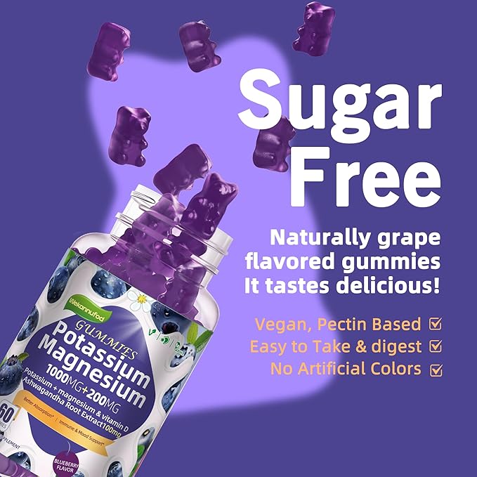 Potassium Magnesium Gummies,High Absorption Magnesium Glycinate,B6,D3,Potassium Citrate for Leg Cramps,Muscle,Electroyte for Adults Kids,Sugar-Free, 120 Gummies (Blueberry Flavor)