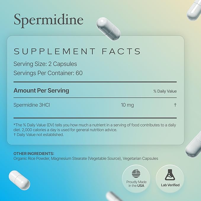 Spermidine Capsules 𝗚𝗟𝗨𝗧𝗘𝗡 𝗙𝗥𝗘𝗘 99% Concentration 100x More Potent Than Wheat Germ Extract for Anti-Aging DNA Telomere Support
