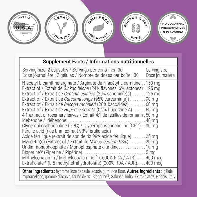 SUPERSMART - Neurex - Help Improve Memory & Speed of Cognitive Processing - Help Prevent Cerebral Aging - Brain Supplement Formula | Non-GMO & Gluten Free - 60 Vegetarian Capsules