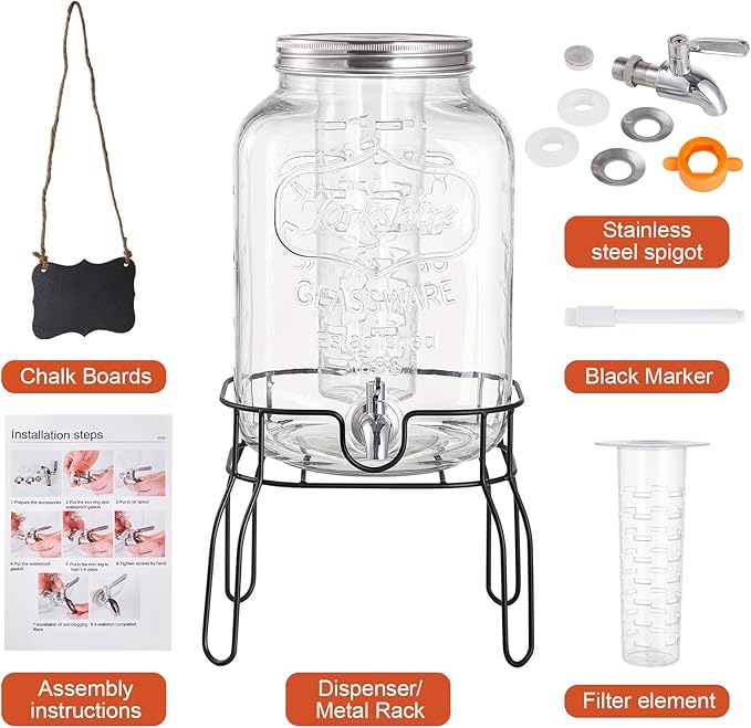 2 Gallon Glass Drink Dispensers for Parties, Beverage Dispenser with Stand, Fruit Infuser and Stainless Steel Spigot 100% Leakproof, Beverage Dispenser for Lemonade Sun Tea
