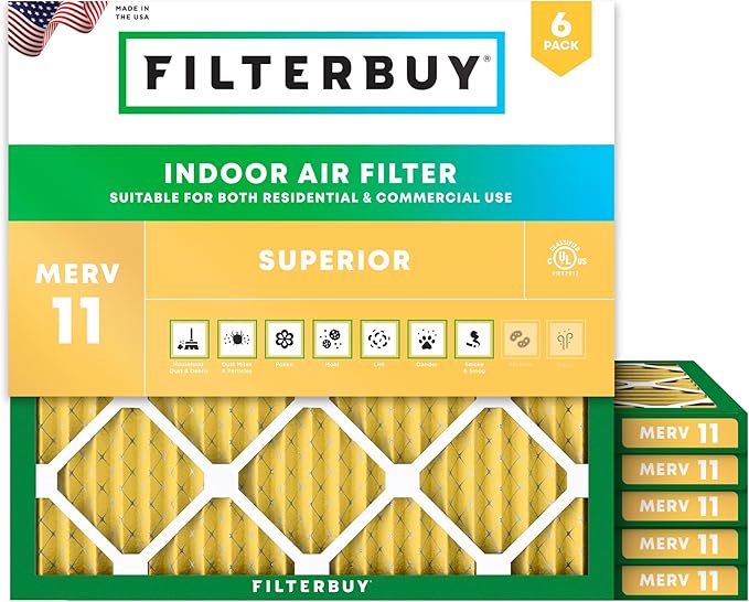 Filterbuy 25x25x1 Air Filter MERV 11 (MPR 1200) Allergen Defense Replacement (6-Pack), Electrostatic Pleated HVAC AC Furnace Filters, Made in USA (Actual Size: 24.50 x 24.50 x 0.75)