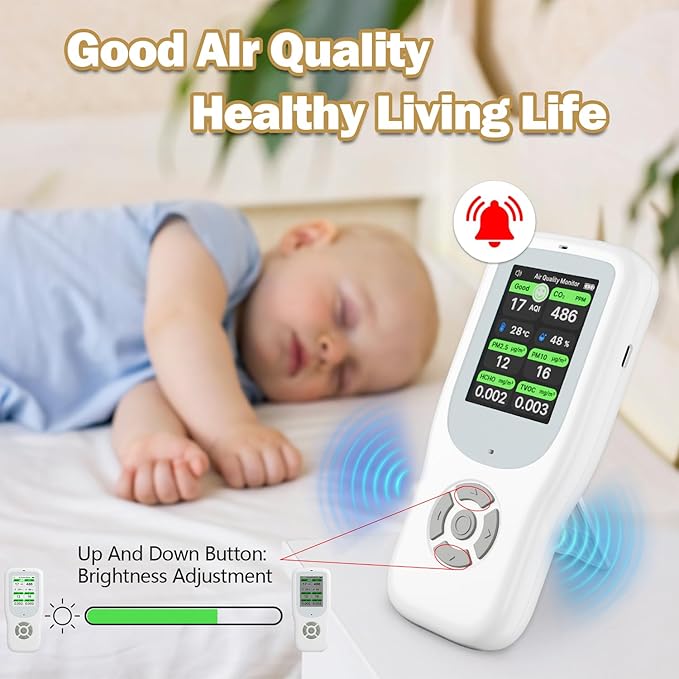 11-in-1 Air Quality Monitor - Portable Indoor Air Quality Detector with Stand, Real-Time Test for AQI, CO2, PM2.5, PM1.0, PM10, TVOC, HCHO, Particles, Temperature & Humidity with Aler (White-Black)