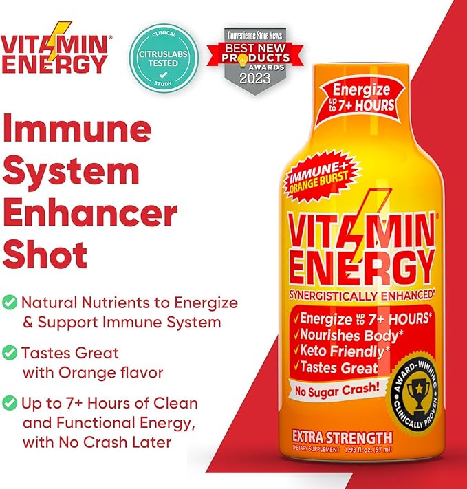 Vitamin Energy Immune+ Extra Strength Energy Shot Orange Burst 24 Pack, 260mg Natural Caffeine, B-Vitamins, Citicoline, Green Tea, Immunity & Focus Support, Zero Sugar, Gluten-Free 1.93 fl oz