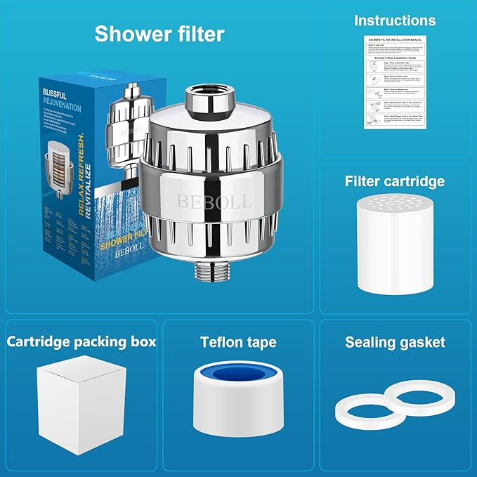 20 Stage Shower Filter With 2 Cartridges, Shower Head Filter for Hard Water, Remove 99% Chlorine, Fluoride, Heavy Metals, High Output Shower Water Filter Improves Your Skin, Hair and Nails