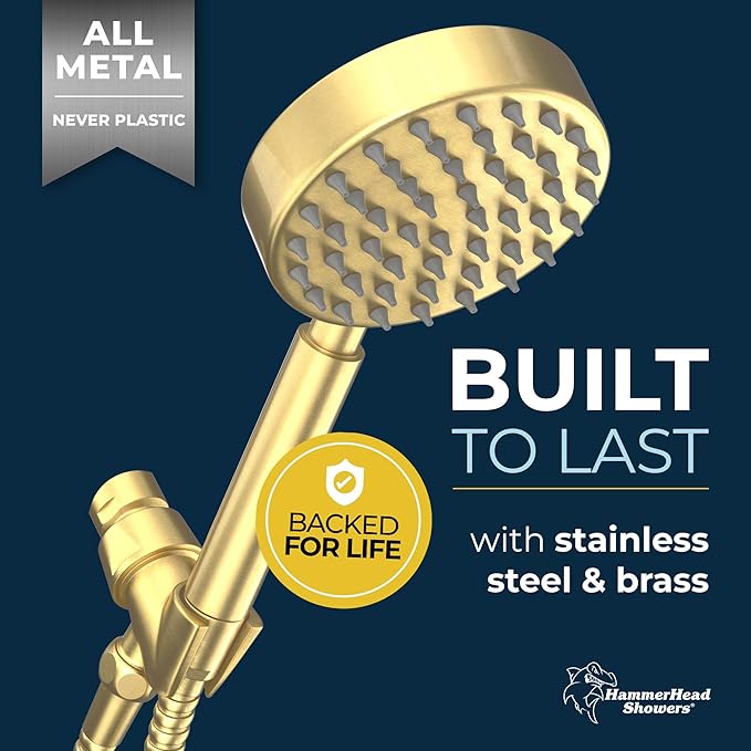 HammerHead Showers® Solid Metal Handheld Shower Head with Hose and Brass Holder - BRUSHED GOLD - 2.5 GPM High Pressure Shower Heads with Adjustable Shower Wand Bracket - 6ft Flexible Extension