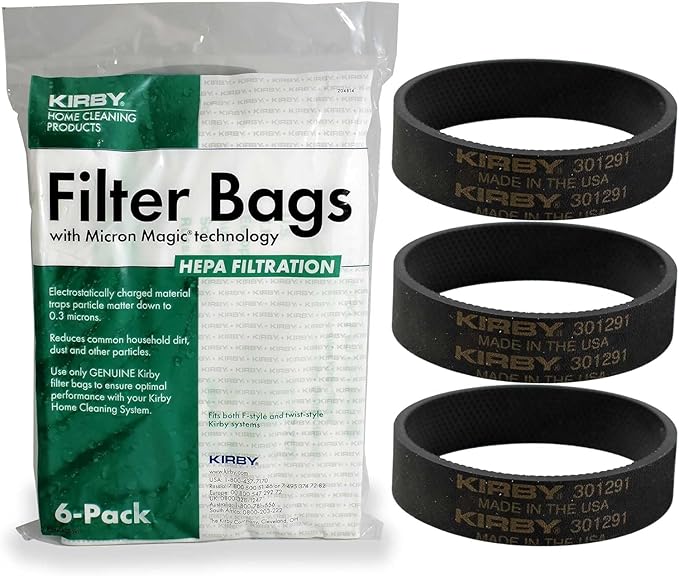Kirby Vacuum Bundle – 6 HEPA Filter Bags (204814) + 3 OEM Belts (301291G) for F-Style & Twist-Style Upright Models