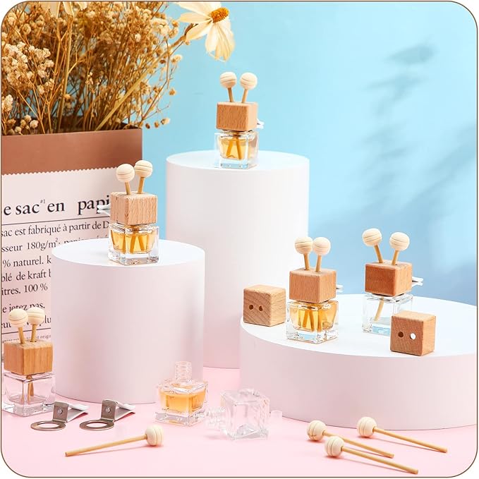 Zubebe 30 Pack Car Air Freshener Diffuser with Vent Clip Empty Car Diffuser Bottles for Essential Oil Perfume Glass Bottle with Wooden Caps Stick(Square)