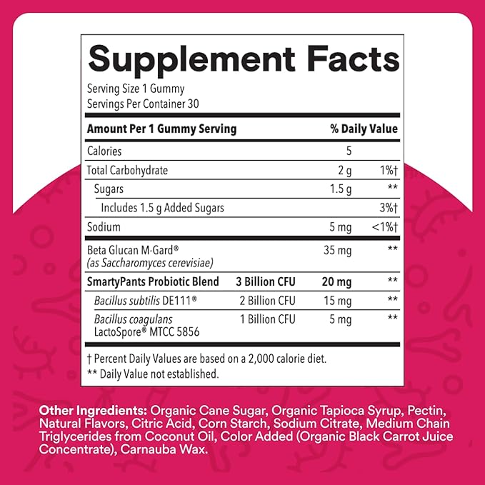 SmartyPants Adult Probiotic Gummies for Digestive Health: 3 Billion CFU, Gut Health and Immune Support Supplement, Clinically Studied Probiotic, Gluten Free, Strawberry, 30 Count (30 Day Supply)