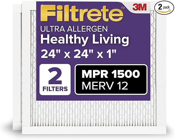Filtrete 24x24x1 AC Furnace Air Filter, MERV 12, MPR 1500, CERTIFIED asthma & allergy friendly, 3 Month Pleated 1-Inch Electrostatic Air Cleaning Filter, 2-Pack (Actual Size 23.81x23.81x0.78 in)