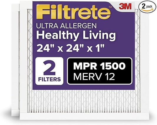 Filtrete 24x24x1 AC Furnace Air Filter, MERV 12, MPR 1500, CERTIFIED asthma & allergy friendly, 3 Month Pleated 1-Inch Electrostatic Air Cleaning Filter, 2-Pack (Actual Size 23.81x23.81x0.78 in)