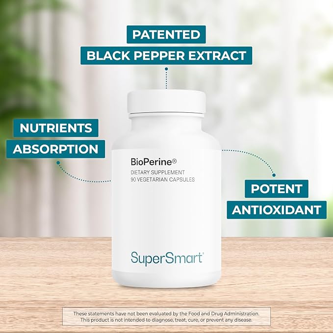 SuperSmart Bioperine 30mg per Day (95% Piperine) - Black Pepper Extract Supplement - Absorption Enhancer - Digestive Enzymes Support | Non-GMO & Gluten Free - 90 Vegetarian Capsules