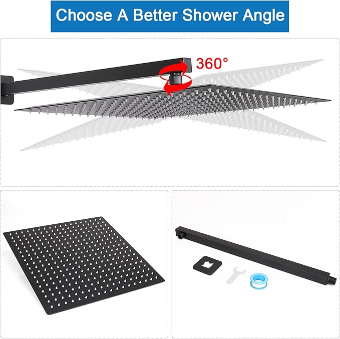 HarJue Shower Head with Extension Arm, High Pressure Square with ShowerArm, Stainless Steel Rainfall-Waterfall Full Body Coverage (16'' Shower with 20'' Arm, Matte Black)