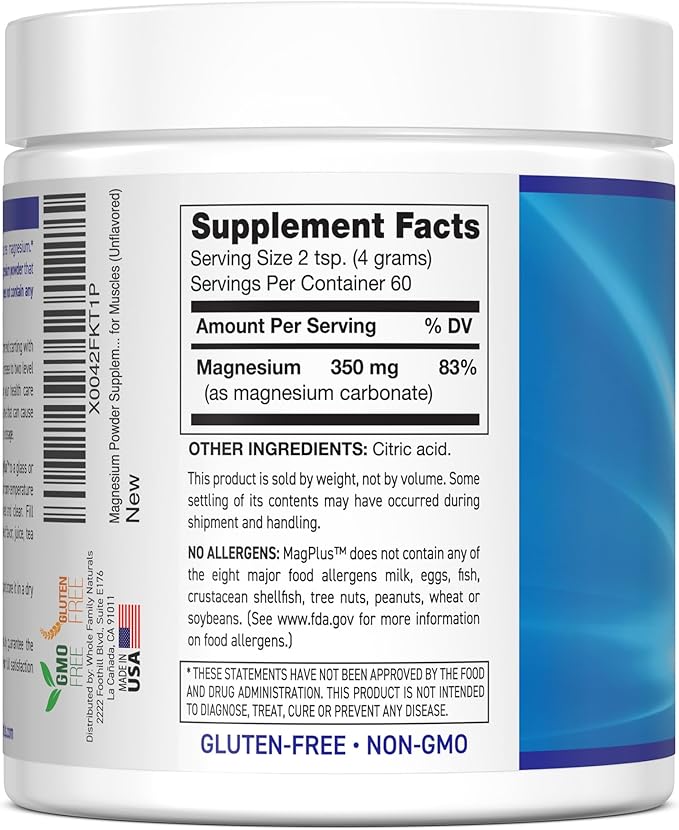 Magnesium Powder Supplement - MagPlus - Natural Calm Magnesium Drink - Magnesium Supplement for Muscles, Sleep and Constipation Relief (Unflavored)