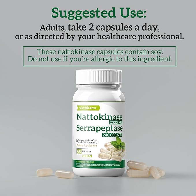 Nattokinase 2000 FU Serrapeptase 240000 SPU Supplement - Enhanced with Coenzyme CoQ10 Vitamin B6 Vitamin C Black Pepper Extract - Nattokinase 400mg Capsule for Men Women