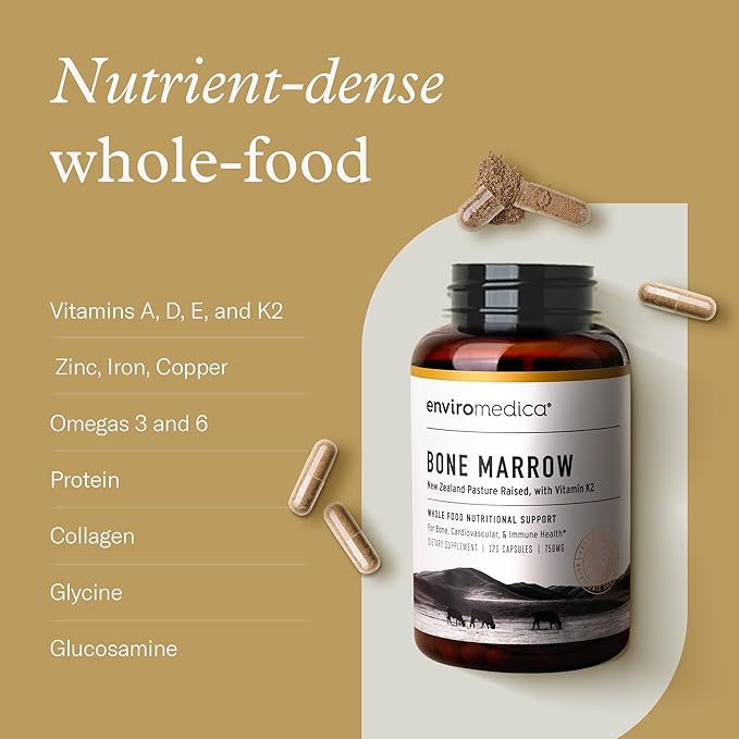Enviromedica Bone Marrow Supplement – Grass-Fed New Zealand Beef Bone Marrow, MCHA, Bovine Cartilage, Collagen, Freeze-Dried, Vitamin K2 MK7, 120 Capsules