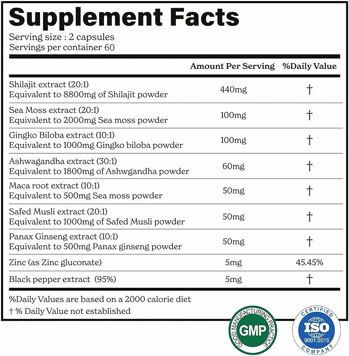 Shilajit All in One Capsule with Sea Moss, Ashwagandha, Safed Musli| All Benefits in one Capsule| Boost Stamina & Energy| 60 Servings, 120 Capsules
