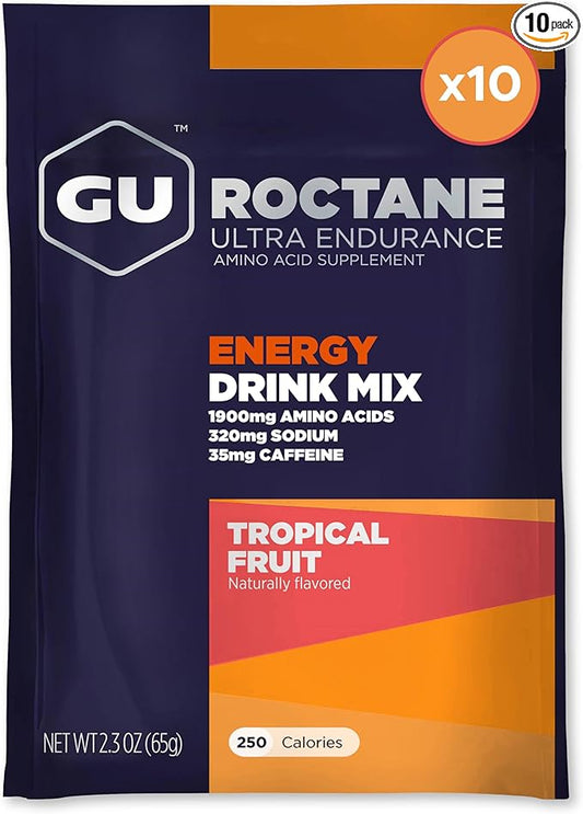 GU Energy Roctane Ultra Endurance Energy Drink Mix, Vegan, Gluten-Free, Kosher, 35mg of Caffeine, and Dairy-Free n-the-Go Energy for Any Workout, 10 Single-Serving Packets, Tropical Fruit