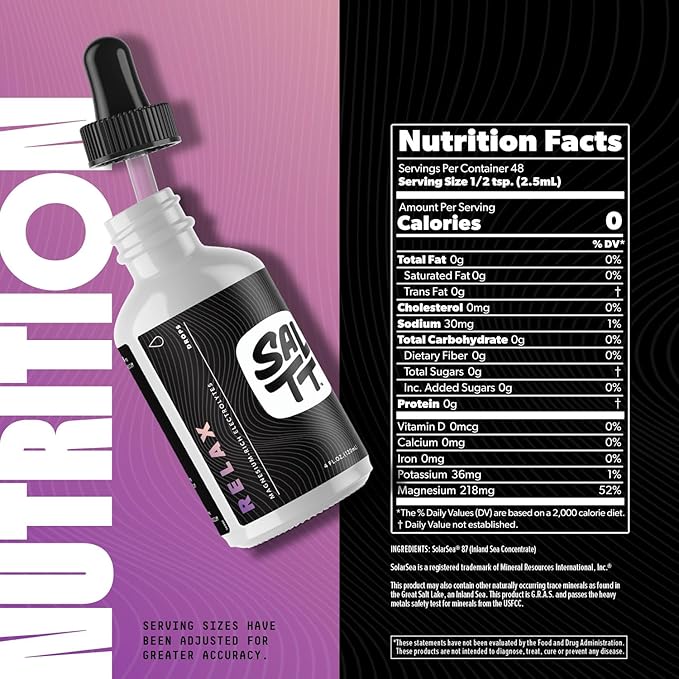 SALTT Relax Magnesium Drops - Ionic Magnesium Chloride w/Sodium, Potassium, Electrolytes - Trace Minerals Drops - Gluten Free, Sugar Free, Keto Friendly - from Utah's Great Salt Lake - 4 fl oz
