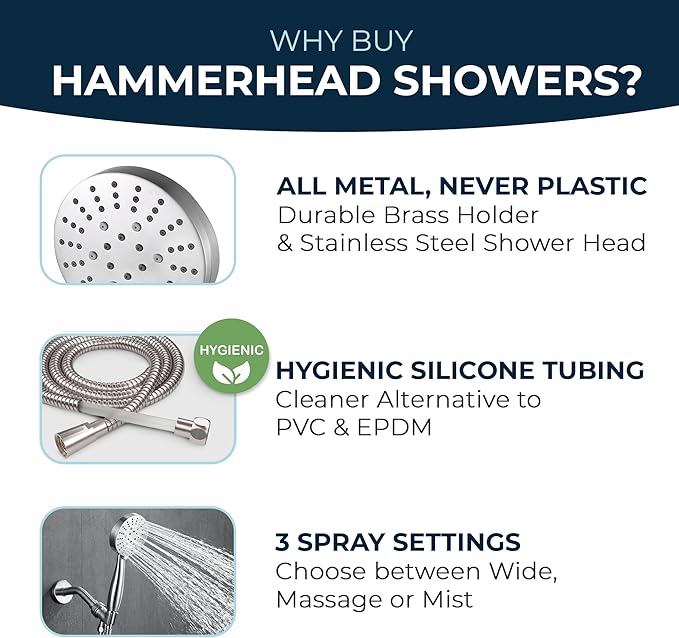 HammerHead Showers® Solid Metal 3-Spray Handheld Shower Head with Long Hose and Holder - BRUSHED NICKEL - 2.5 GPM High Pressure Shower Head with Handheld Sprayer - WIDE, MASSAGE, and MIST Sprays