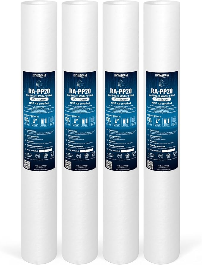 Ronaqua 10 Micron Standard 20" x 2.5" Sediment Water Filter Cartridge, NSF Certified, 4-Layer Filtration for 20” x 2.5” Whole House Systems, Compatible with FPMB5-20, SDC-25-2005/4, VX05-20, 4 Pack