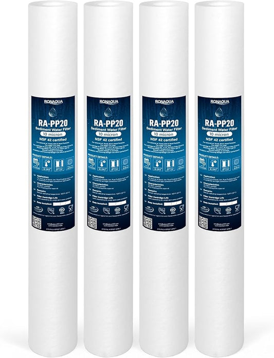Ronaqua 10 Micron Standard 20" x 2.5" Sediment Water Filter Cartridge, NSF Certified, 4-Layer Filtration for 20” x 2.5” Whole House Systems, Compatible with FPMB5-20, SDC-25-2005/4, VX05-20, 4 Pack