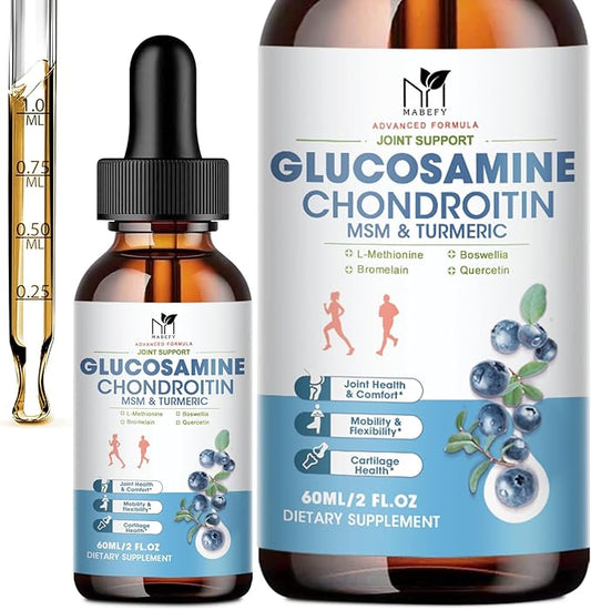 Glucosamine Chondroitin MSM Liquid Drops - Joint Support Supplement with Turmeric Boswellia, Bromelain, Hyaluronic Acid, Relief for Back, Knees & Hands,Blueberry Flavor, 2 Fl Oz