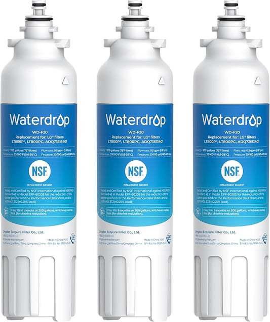 Waterdrop ADQ73613401 Refrigerator Water Filter, Replacement for LG® LT800P®, ADQ73613408, ADQ75795104, ADQ73613402, Kenmore 9490, 46-9490, LSXS26326S, LMXC23746S, LSXS26366S, WD-F20, Pack of 3