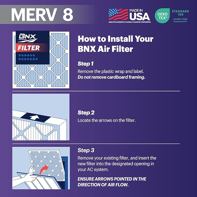 BNX TruFilter 16x16x1 Air Filter MERV 8 (6-Pack) - MADE IN USA – Dust & Pet Defense Air Conditioner HVAC AC Furnace Filters for Dust, Pet, Mold, Pollen MPR 600 – 700 & FPR 5