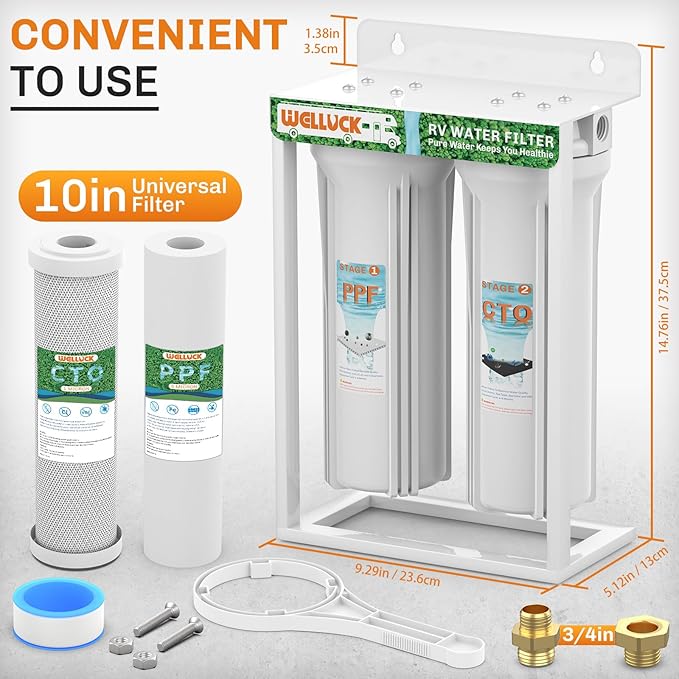 WELLUCK External RV Dual Water Filter System Reduce Chlorine and Odor, Camping Water Filter with mounting Bracket and Leak-Proof Brass Fittings for RVs Camping Trailer Motorhome Boat Marine Drinking