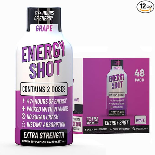 Energy Shot – 2 Servings – 100% DV B-Vitamins & 130mg Plant-Based Caffeine – Zero Calories, Sugar-Free, Vegan, Non-GMO – Energy & Productivity Support (1.93 Fl Oz (Pack of 48), Grape)