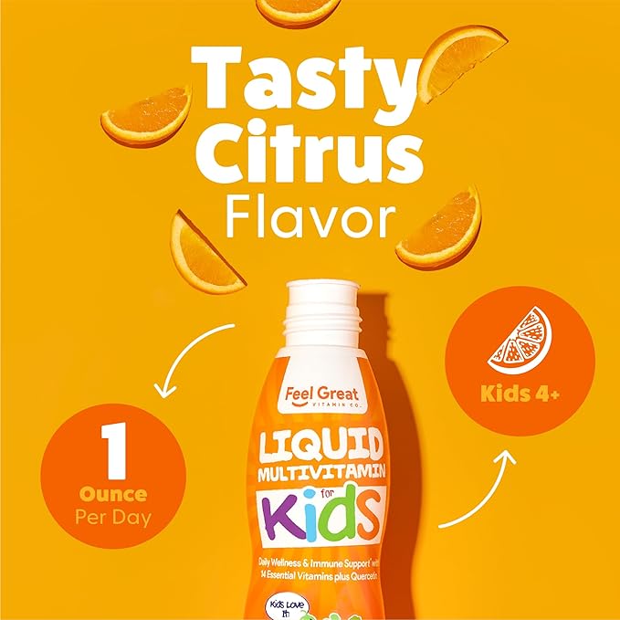 Feel Great Sugar Free Kids Multivitamin – Liquid Multivitamin | Essential Vitamins for Immune Support | Orange Flavored, Vegetarian Formula | 30 Day Supply