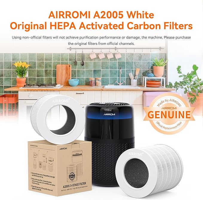 AIRROMI A2005 HEPA Air Purifier Replacement Filter, 3-In-1 Original Filter, Remove 99.97% of 0.3 Micron Particle 2Pack White