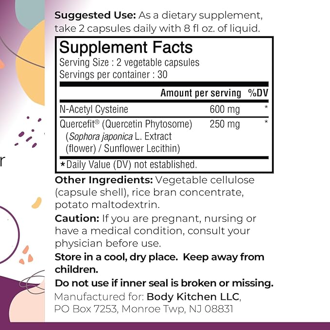 Body Kitchen Mega NAC (N-Acetyl Cysteine) 600 mg with Quercetin, Supports Respiratory Health and Immune Function and Promotes Liver and Kidney Detox, Veggie Caps, (Pack of 2)