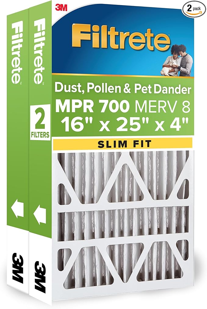 Filtrete 16x25x4 Slim Fit AC Furnace Air Filter, MPR 700, MERV 8, Fits Carrier, Capture Dust, Pollen & Pet Dander Reduction, 2-Pack (Actual Size 15.5x24.5x3.75 in)