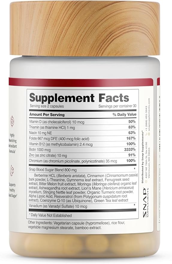 Snap Supplements Blood Sugar Blend, CoQ10, Cinnamon, Alpha Lipoic Acid and Gymnema, Sugar Free, 60 Capsules, 2 Pack