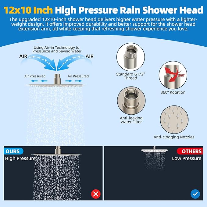 Hibbent All Metal Shower Head, 12'' High Pressure Rainfall Shower Head, Showerhead Combo, Handheld Shower Wand, 12'' Adjustable Shower Extension Arm, 71'' Hose, Shower Head Holder, Brushed Nickel