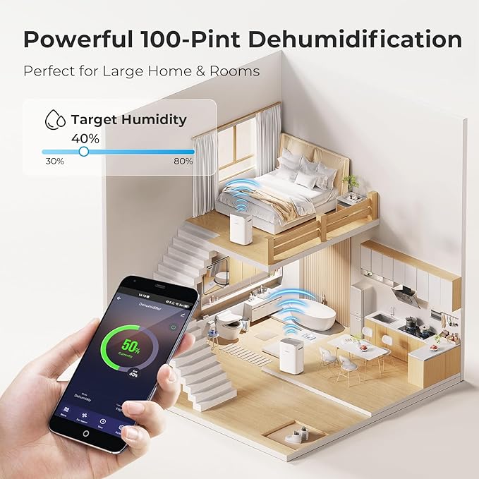 100 Pints Smart Dehumidifier for Basement, 6,000 Sq Ft Dehumidifiers with App-Controlled and 6.56 Feet Drain Hose, Large Dehumidifier with Adjustable Humidity Control, Auto Shutoff, Auto Defrost